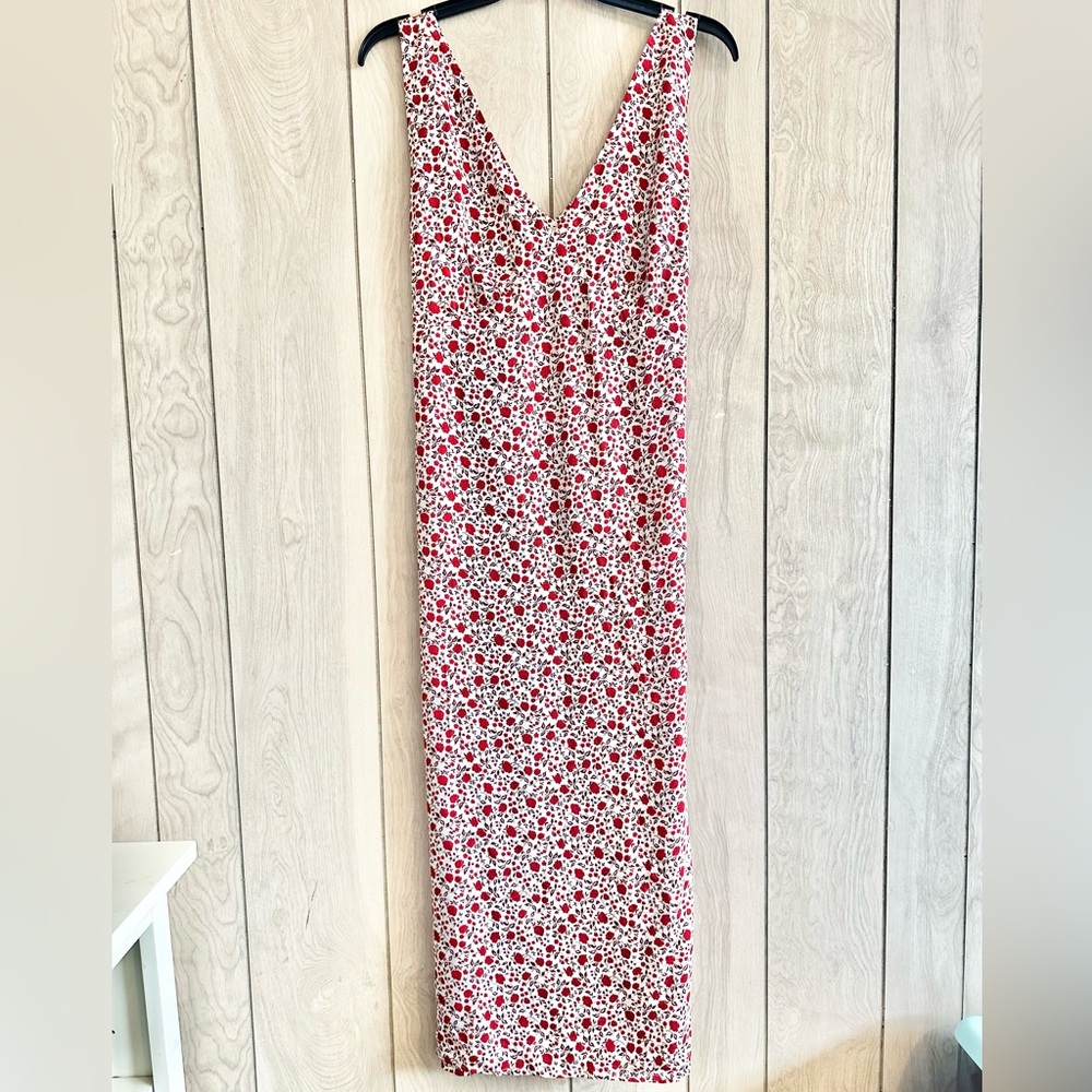 Reformation White Slip Midi Dress with Red Floral Print
